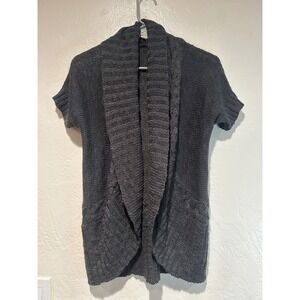 pink rose charcoal gray knit short sleeve open front cardigan sweater size med